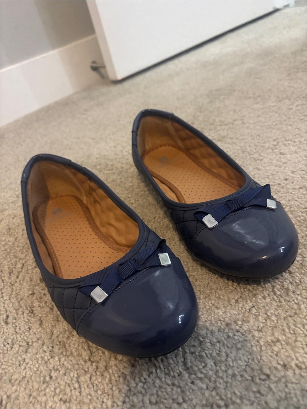 Navy Patent Ballet Flats with Bow Detail